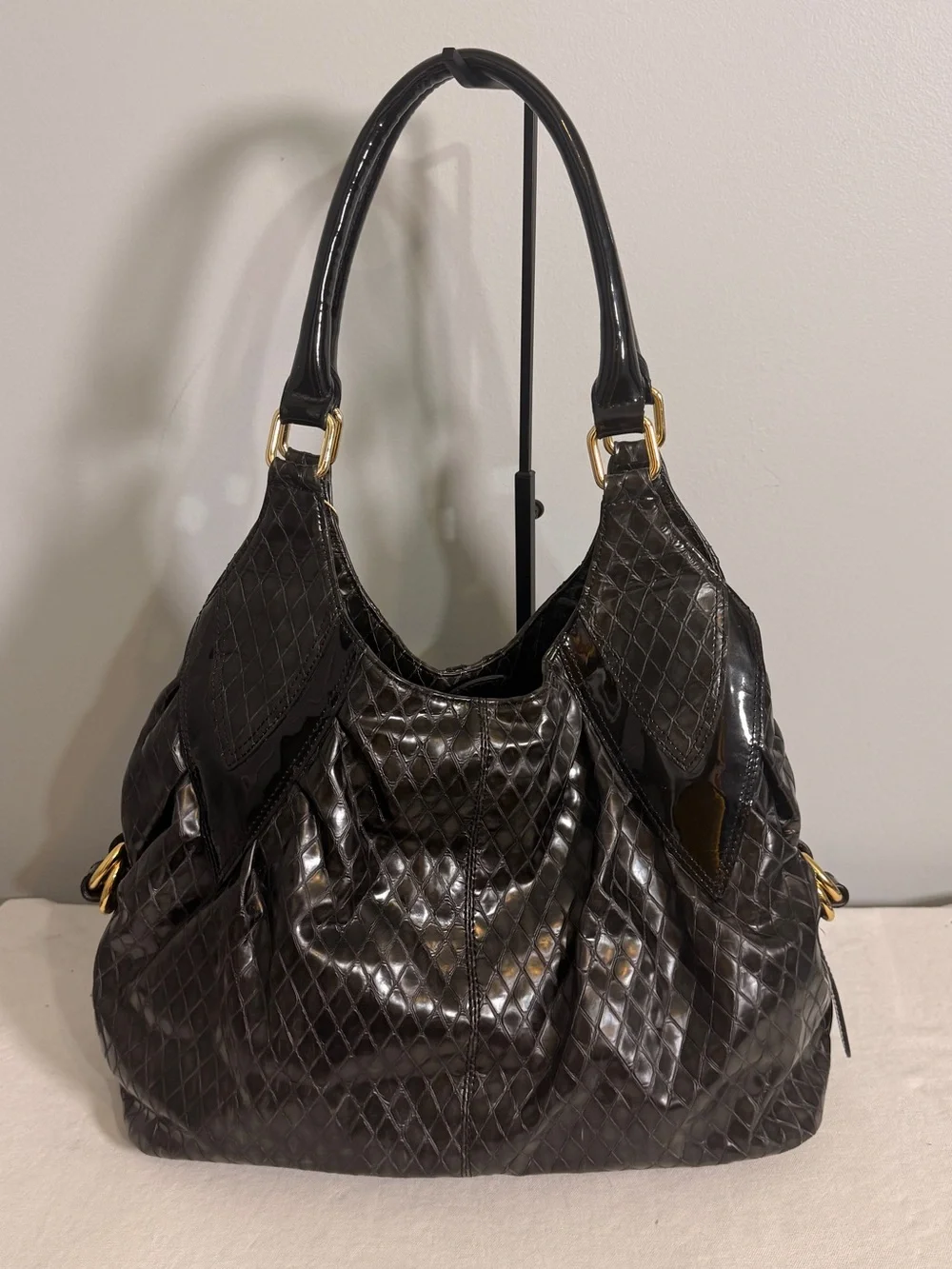 Goldenbleu Hobo Shoulder Bag Black Patent Leather Diamond Quilted Y2K